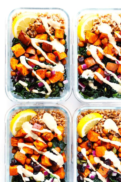Roasted sweet potatoe chickpea salad bowl